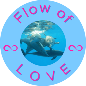 Circular image with the words "Flow of Love" and a picture of dolphins in the center